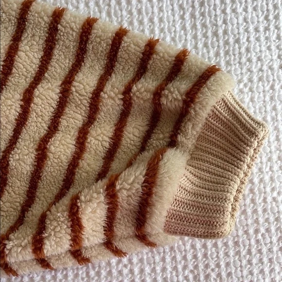 Free People Striped V-Neck Oversized Teddy Sweater - Burnt Orange and Cream - Picture 3 of 3